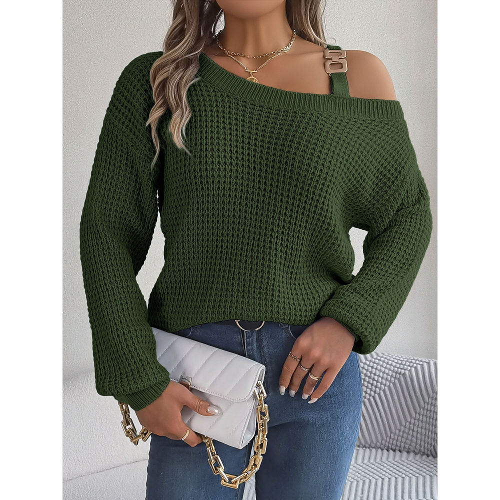 Women's 2025 Fall Off One Shoulder Knit Pullover Casual Long Batwing Sleeves Lightweight Solid Color Blouses Fashion Metal Buckle Strap Cold Shoulder Knit Sweaters Pullover 