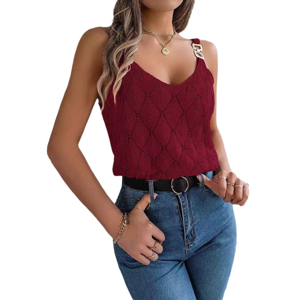 Women's Summer V-Neck Hollow Out Cami Tops Spaghetti Chain Strap Sleeveless Crochet Sweater Casual Slim Solid Color Elegant Metal Button Knit Top Beach Bikini Cover Ups