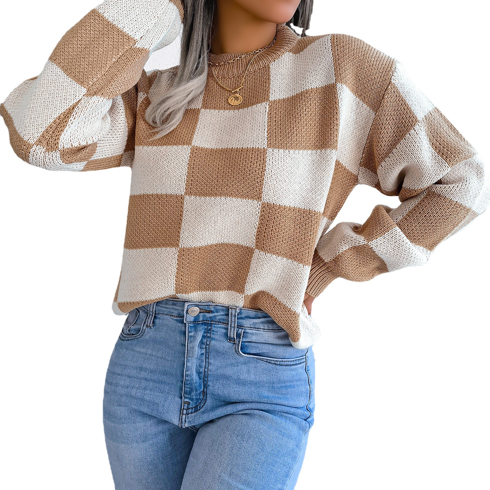Women's Color Block Checkered Crew Neck Long Sleeve Pullover Casual Oversized Drop Shoulder Ribbed Sweater Fall Winter Y2K Loose Knitted Streetwear Top Vintage Preppy Style Knitwear