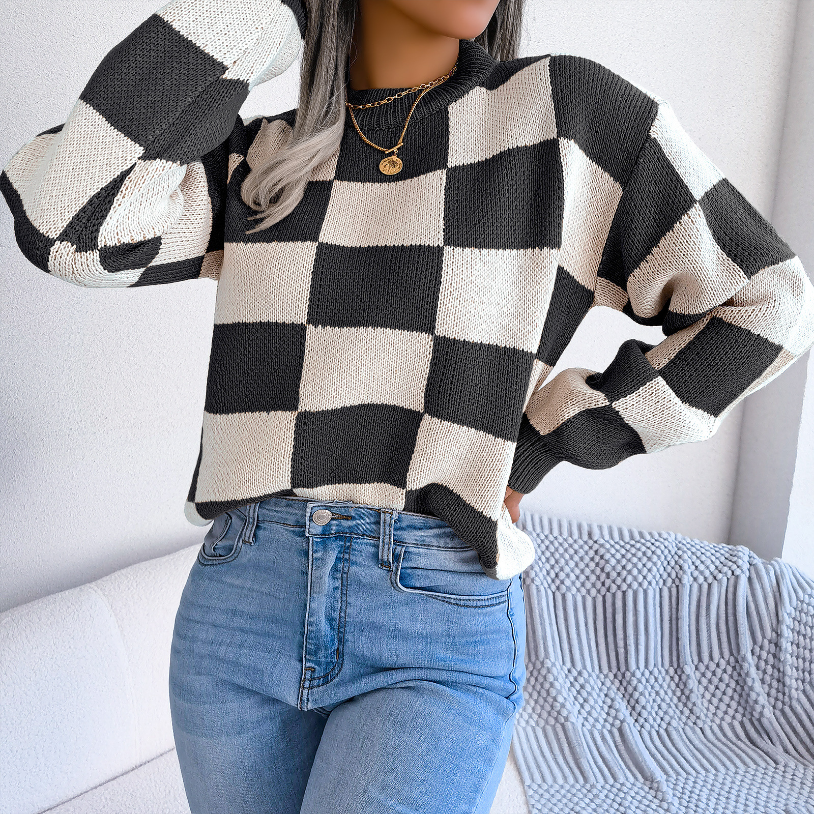 Women's Color Block Checkered Crew Neck Long Sleeve Pullover Casual Oversized Drop Shoulder Ribbed Sweater Fall Winter Y2K Loose Knitted Streetwear Top Vintage Preppy Style Knitwear