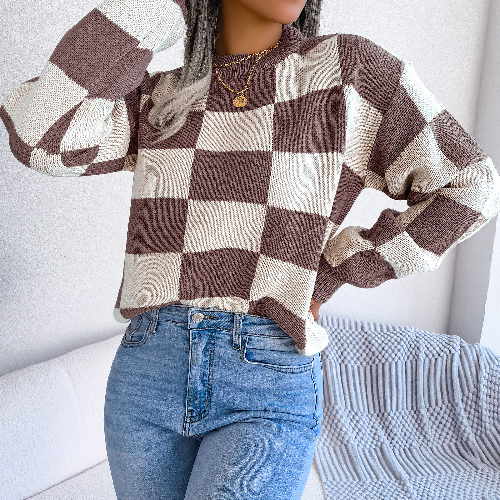 Women's Color Block Checkered Crew Neck Long Sleeve Pullover Casual Oversized Drop Shoulder Ribbed Sweater Fall Winter Y2K Loose Knitted Streetwear Top Vintage Preppy Style Knitwear