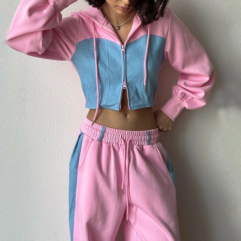 女士休闲白蓝拼色套装长袖拼色开衫帽宽松直筒松紧腰系带运动裤二件套