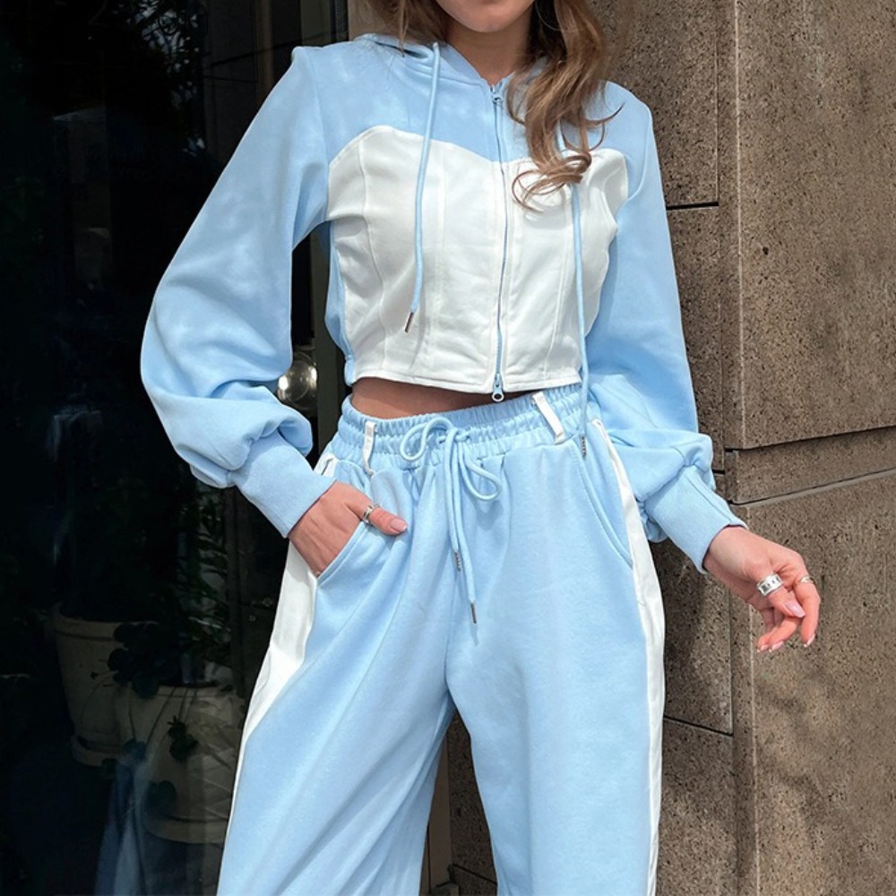 女士休闲白蓝拼色套装长袖拼色开衫帽宽松直筒松紧腰系带运动裤二件套