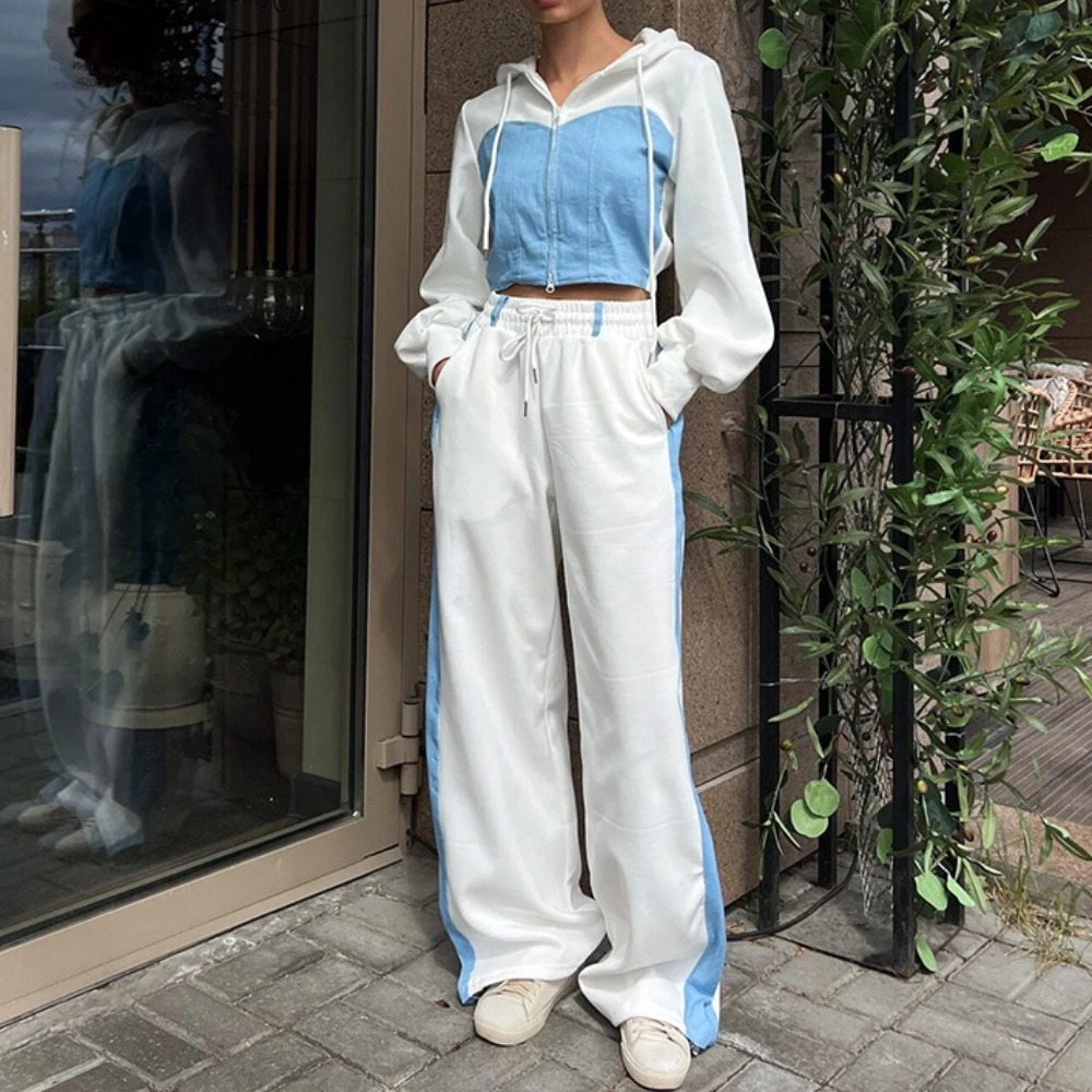 女士休闲白蓝拼色套装长袖拼色开衫帽宽松直筒松紧腰系带运动裤二件套
