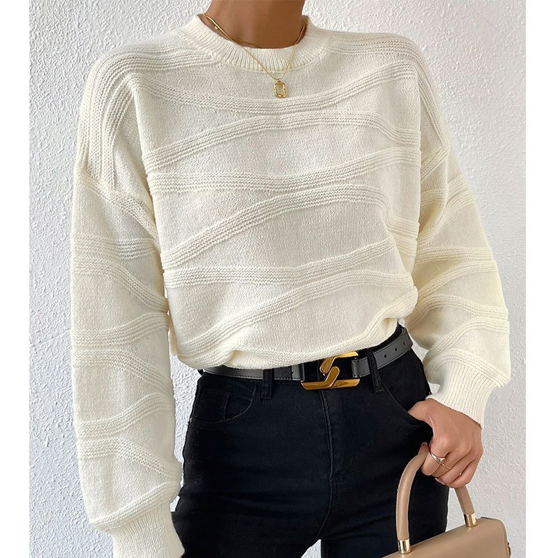 秋季新款百搭女装毛衣纯色波纹圆领套头上衣针织衫