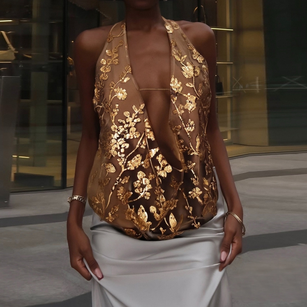 2025年春夏亚马逊速卖通独立站跨境爆款女装性感露背亮片V领上衣