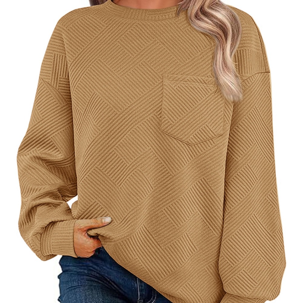Women's Knitted Long Sleeve Round Neck Chest Pocket Sportswear Casual Loose Pullover Hoodie