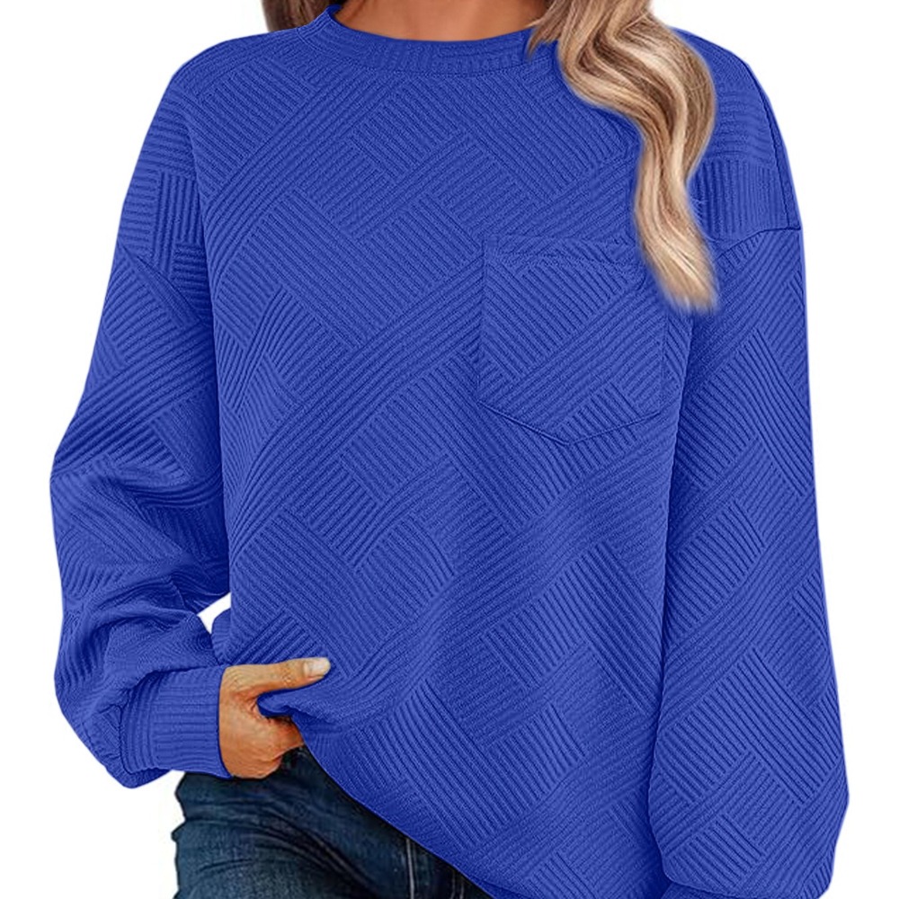 Women's Knitted Long Sleeve Round Neck Chest Pocket Sportswear Casual Loose Pullover Hoodie