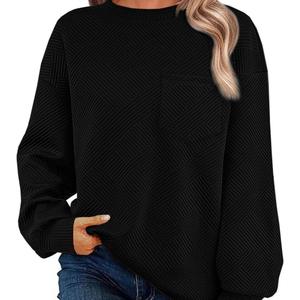 Women's Knitted Long Sleeve Round Neck Chest Pocket Sportswear Casual Loose Pullover Hoodie