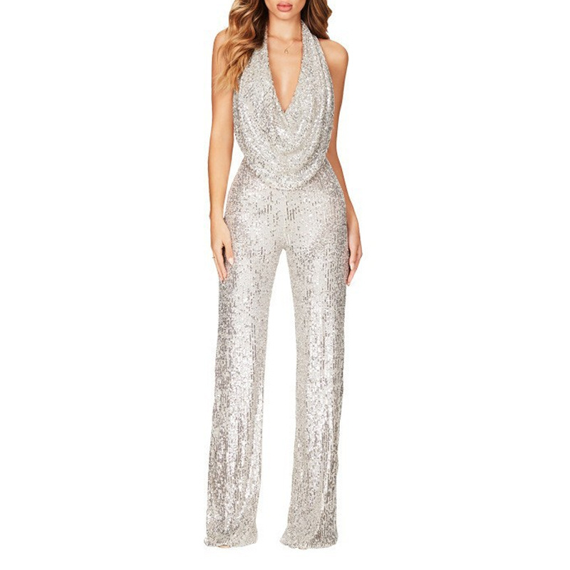 Summer Women's Sleeveless Halter Sequin Jumpsuit with Camisole Neck and Straight Legs