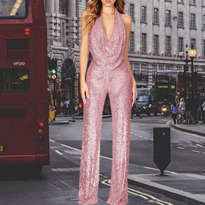 夏季连体裤女装无袖挂脖亮片连体裤女荡领裤腿直筒