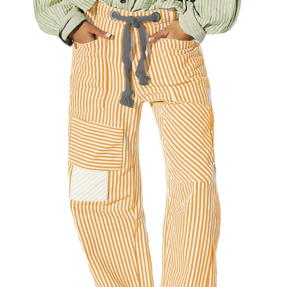 中腰时尚休闲宽松阔腿条纹拼接抽绳口袋长裤女士