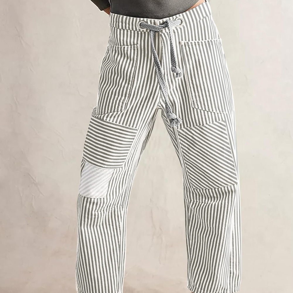 中腰时尚休闲宽松阔腿条纹拼接抽绳口袋长裤女士