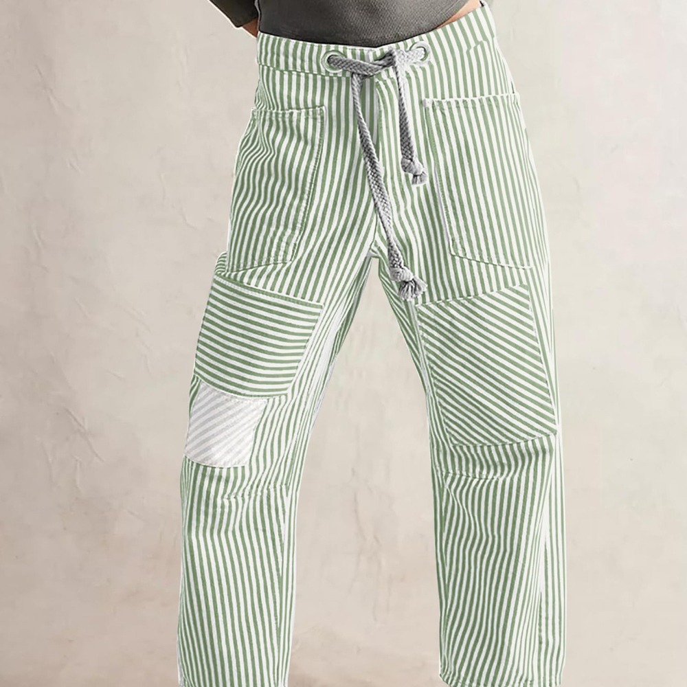 Women's Medium Waist Fashion Casual Loose Wide Leg Stripe Panel Drawstring Pocket Pants