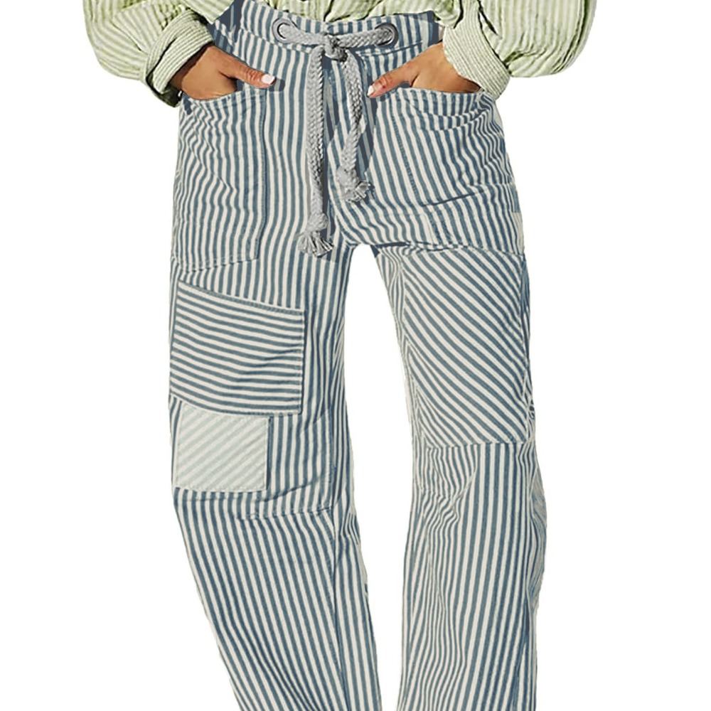 中腰时尚休闲宽松阔腿条纹拼接抽绳口袋长裤女士