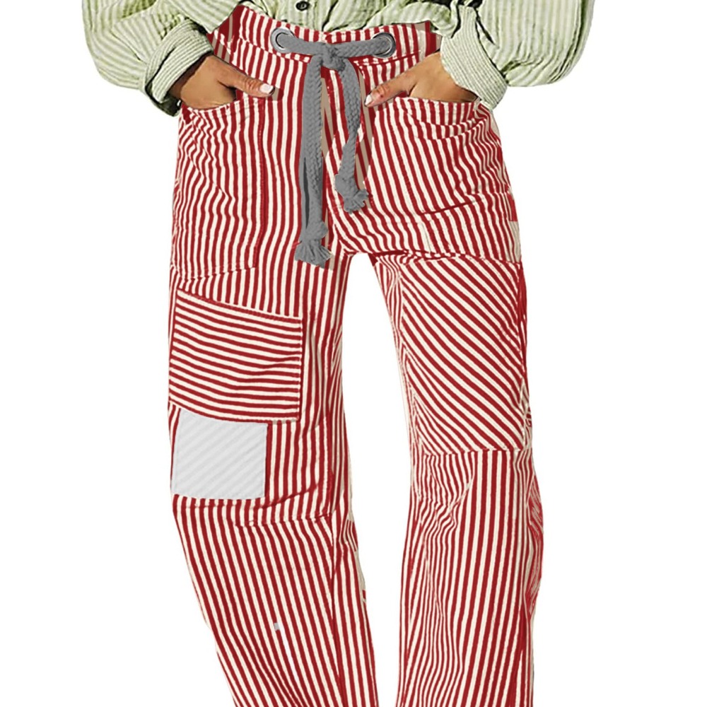 Women's Medium Waist Fashion Casual Loose Wide Leg Stripe Panel Drawstring Pocket Pants