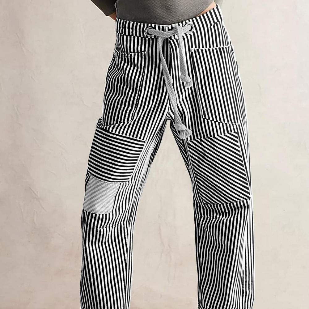 中腰时尚休闲宽松阔腿条纹拼接抽绳口袋长裤女士