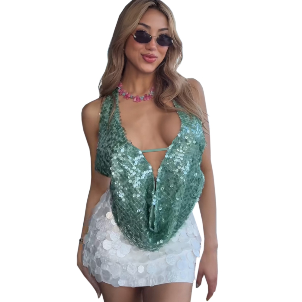Women's Summer Sexy Sheer Sequin Halter Crop Tops Deep V Neck Sleeveless Backless Vest, Y2K Glam Mesh Lightweight Layering Top  Sparkly Going Out Beach Vacation Tank Top