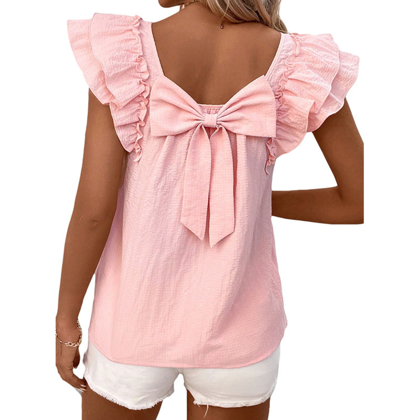 时尚纯色套头上衣欧美圆领短袖荷叶边袖褶皱优雅女士T恤