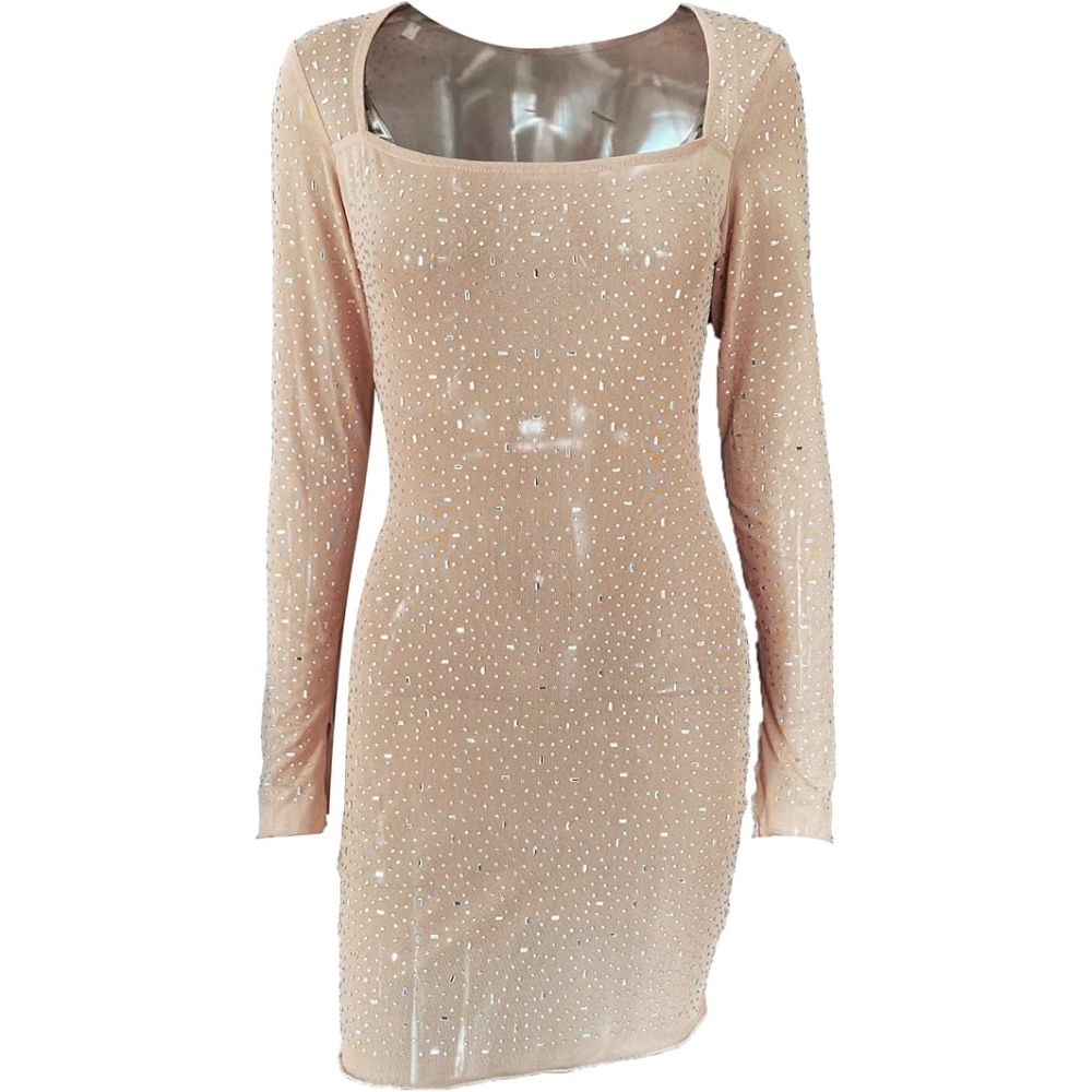 2023跨境亚马逊速卖通爆款女装亮片烫钻性感半透视长袖短款连衣裙