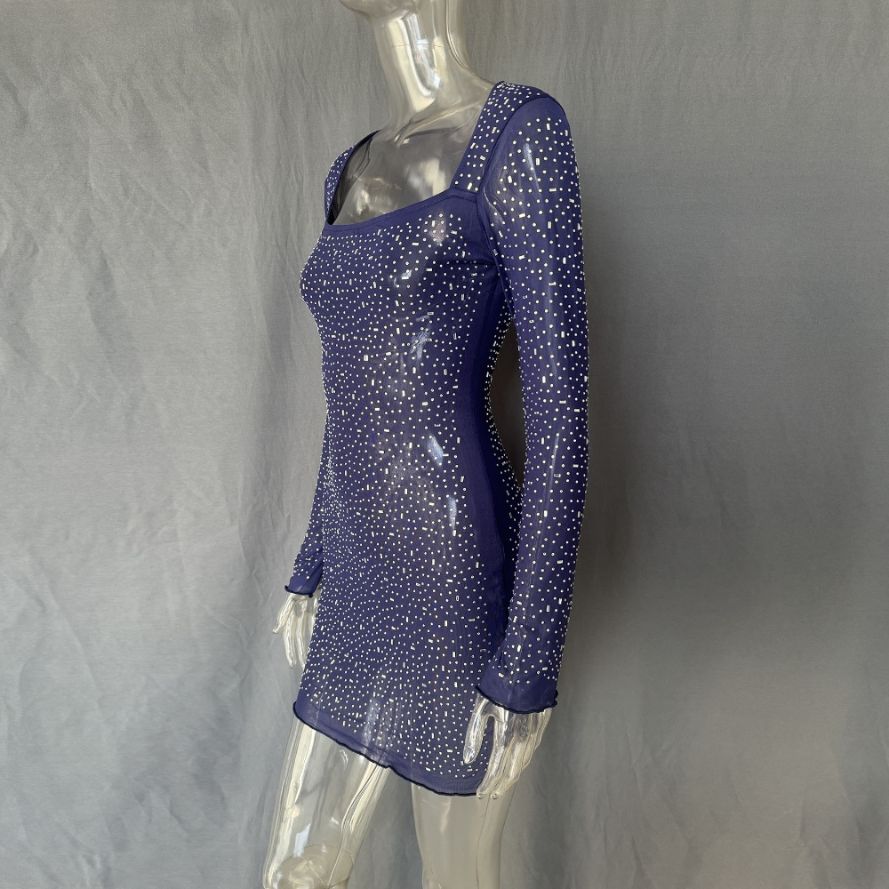 Women's Sequin Bodycon Mini Dress Long Sleeve Sheer Mesh Square Neck Rhinestones See-Through Short Dress Sexy Evening Gowns Wedding Party Dress for Club Cocktail