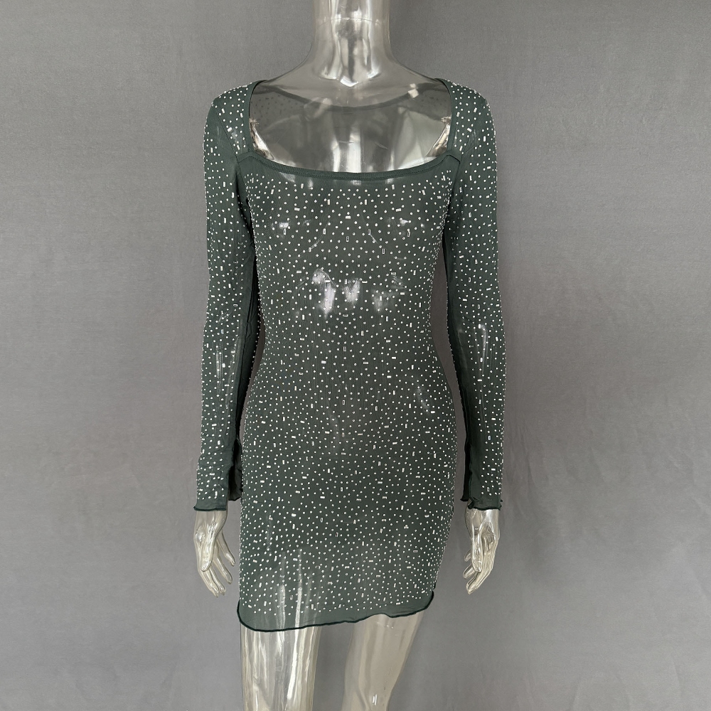 2023跨境亚马逊速卖通爆款女装亮片烫钻性感半透视长袖短款连衣裙