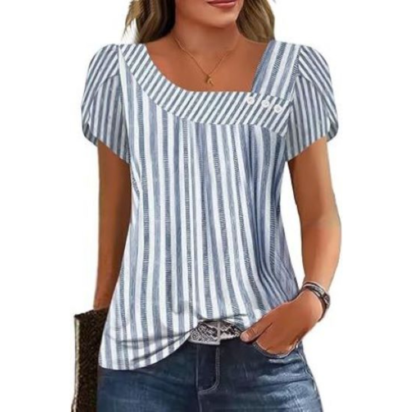 2025 new European and American cross-border Women's petal sleeve shirt summer fashion T-shirt square collar button shirt