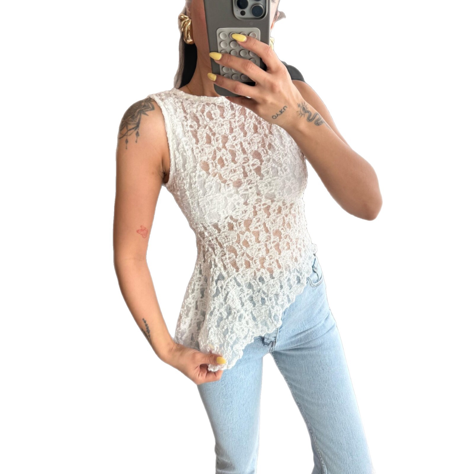 Women's Summer Floral Lace Corset Sheer Tank Tops Sexy Sleeveless Crew Neck Elegant Slim Fit Clubwear Asymmetric Ruffle Hem See Through Cami Shirt for Vacation, Brunch & Daily Party  