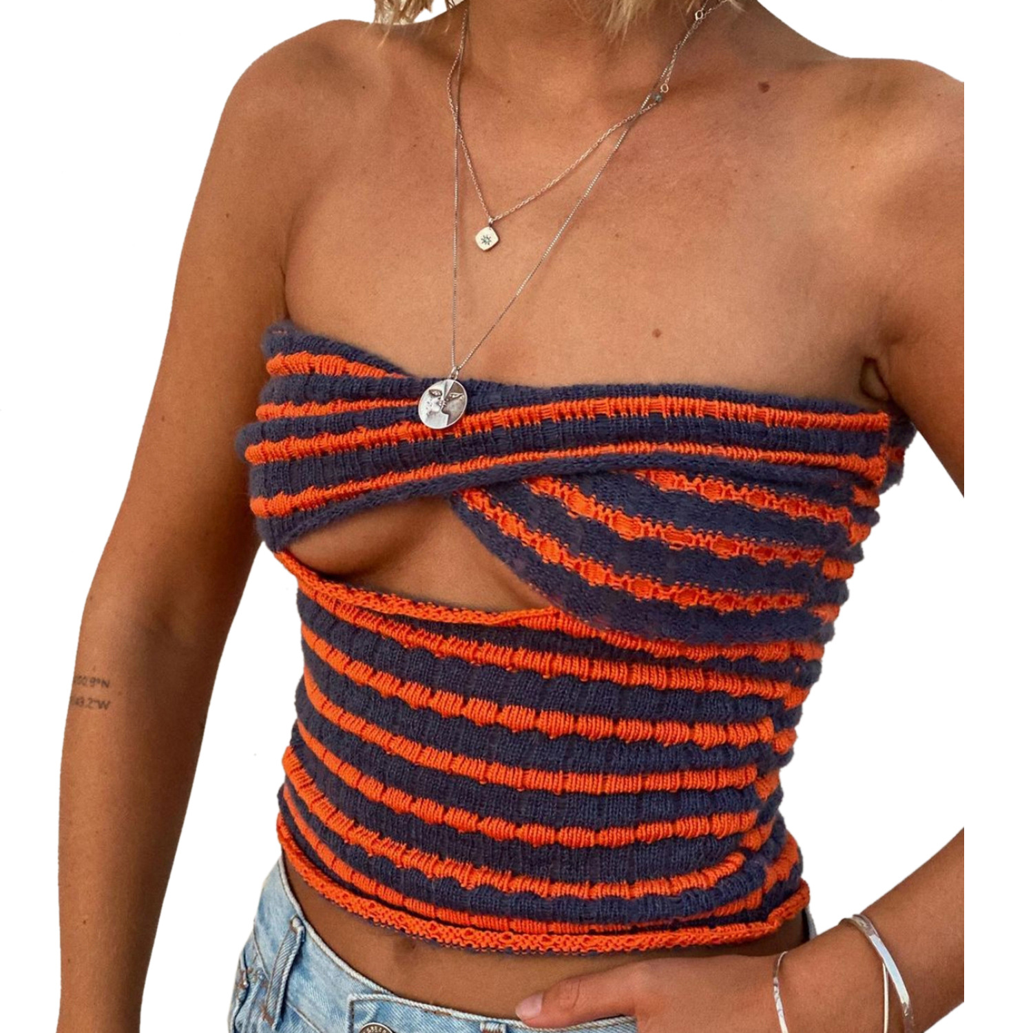 Women's Sexy Bandeau Striped Tube Top Ribbed Knit Twist Front Cutout Cropped Sweater Breathable Stretch Color Block Y2K Top Strapless Sleeveless Vacation Top for Beach Club Party