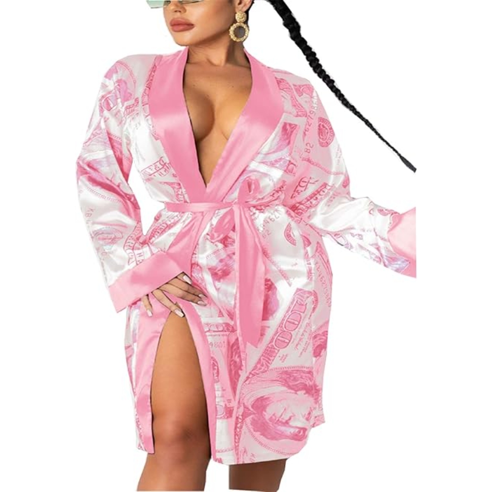 Women's Dollar Print Silk Kimono Robes Sleepwear V-neck Long Sleeve Cover Up with Wrap Tie Belt, Party Loungewear, Bling Money Print Satin Pajama Cardigan for Resort