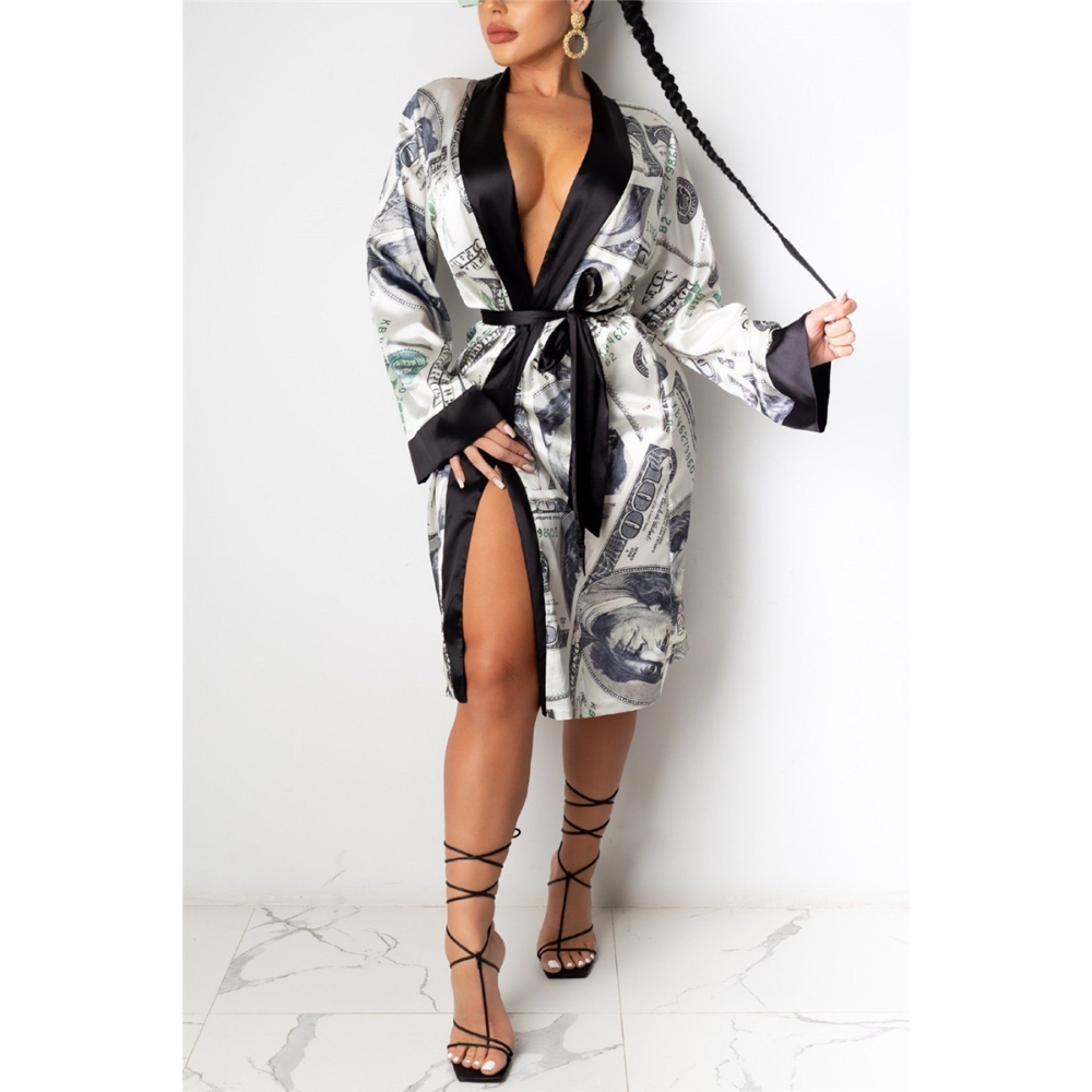 Women's Dollar Print Silk Kimono Robes Sleepwear V-neck Long Sleeve Cover Up with Wrap Tie Belt, Party Loungewear, Bling Money Print Satin Pajama Cardigan for Resort