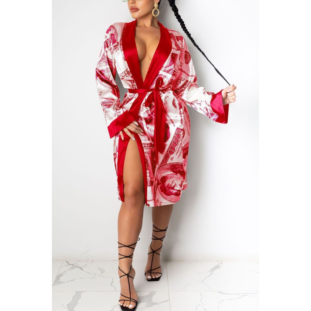 Women's Dollar Print Silk Kimono Robes Sleepwear V-neck Long Sleeve Cover Up with Wrap Tie Belt, Party Loungewear, Bling Money Print Satin Pajama Cardigan for Resort