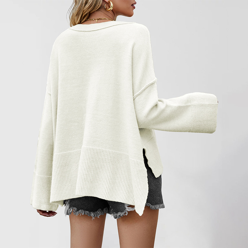 秋冬新款圆领喇叭袖纯色宽松大码圆领女式毛衣女