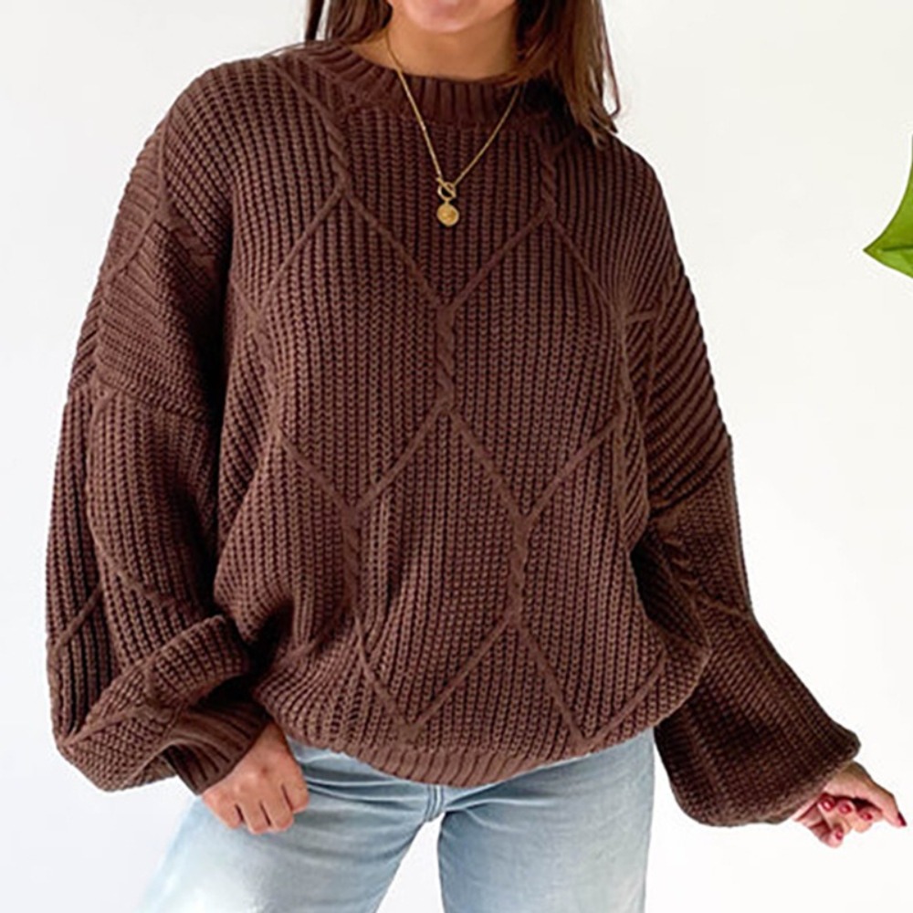 秋季新款圆领菱形格质感顺滑宽松纯色套头毛衣女