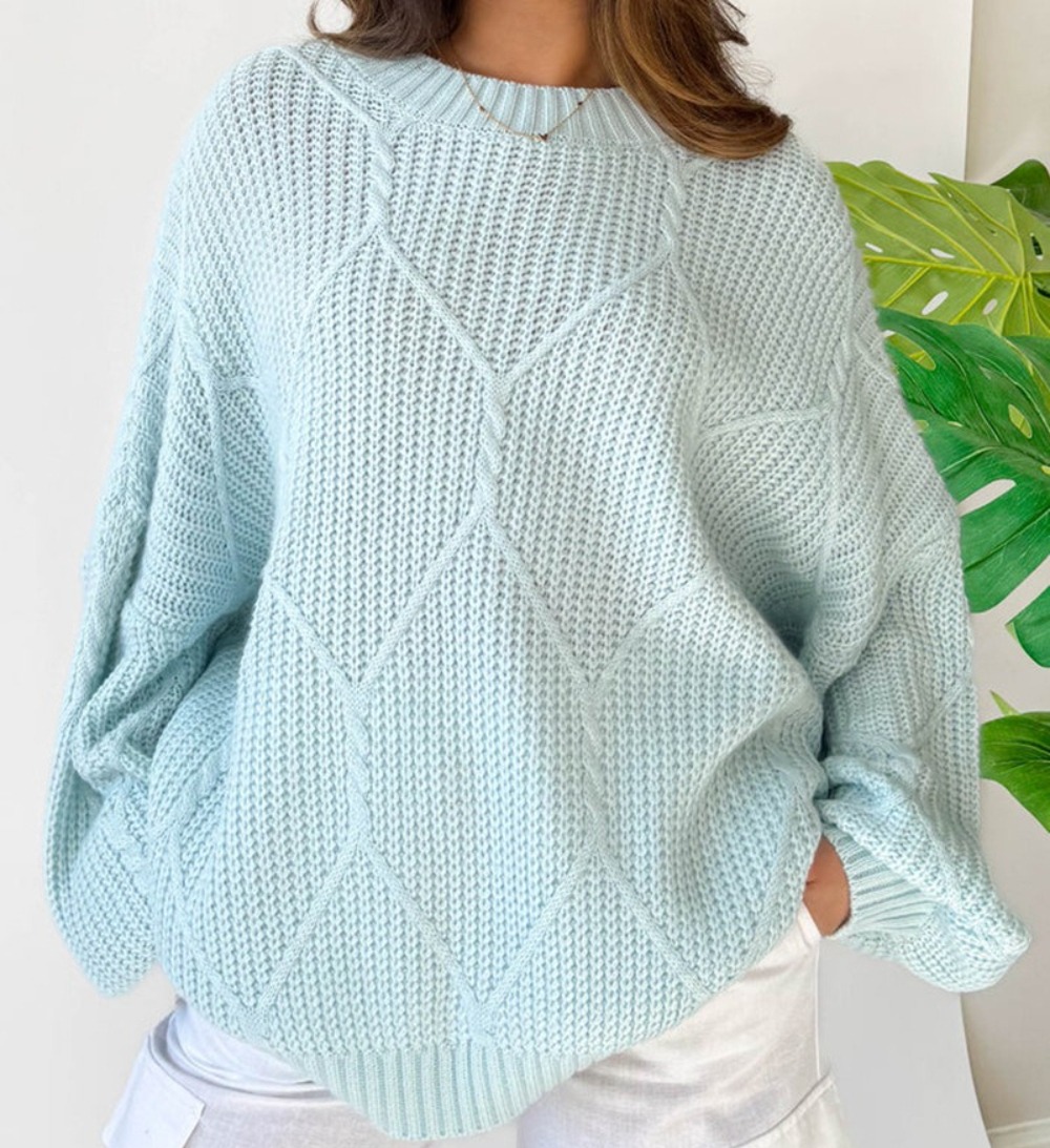 Autumn New Round Neck Diamond Pattern Smooth Texture Loose Solid Color Pullover Sweater for Women