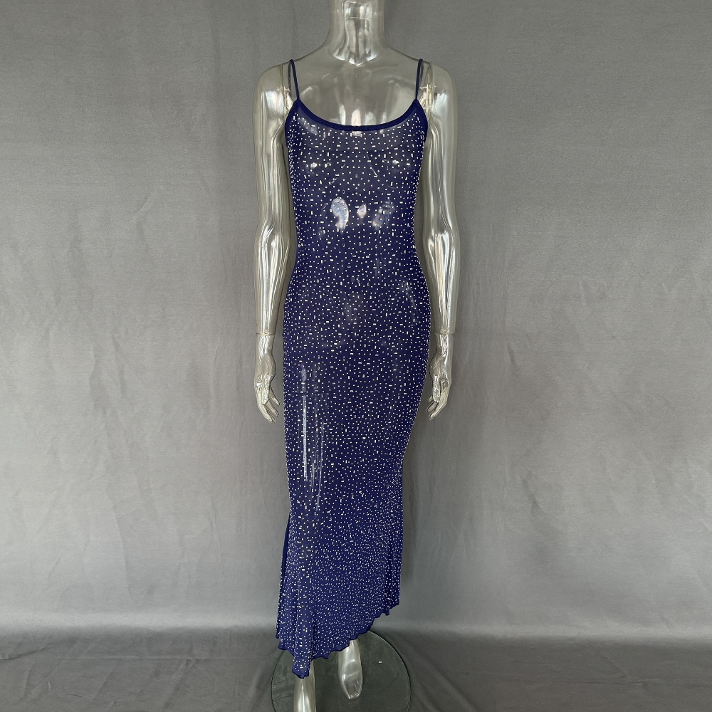 Women's Sheer Hot Drilling Bodycon Maxi Dress Mesh Mermaid Gown Rhinestone Chiffon Dress See Through Spaghetti Strap Dress Sexy Cocktail Party Club Dresses    