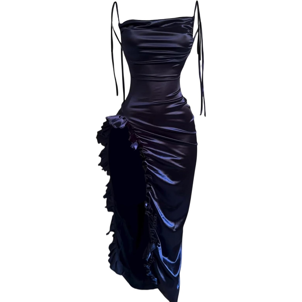 2024欧美女装 亚马逊 独立站 无袖吊带 纯色 色丁 露腿 连衣裙