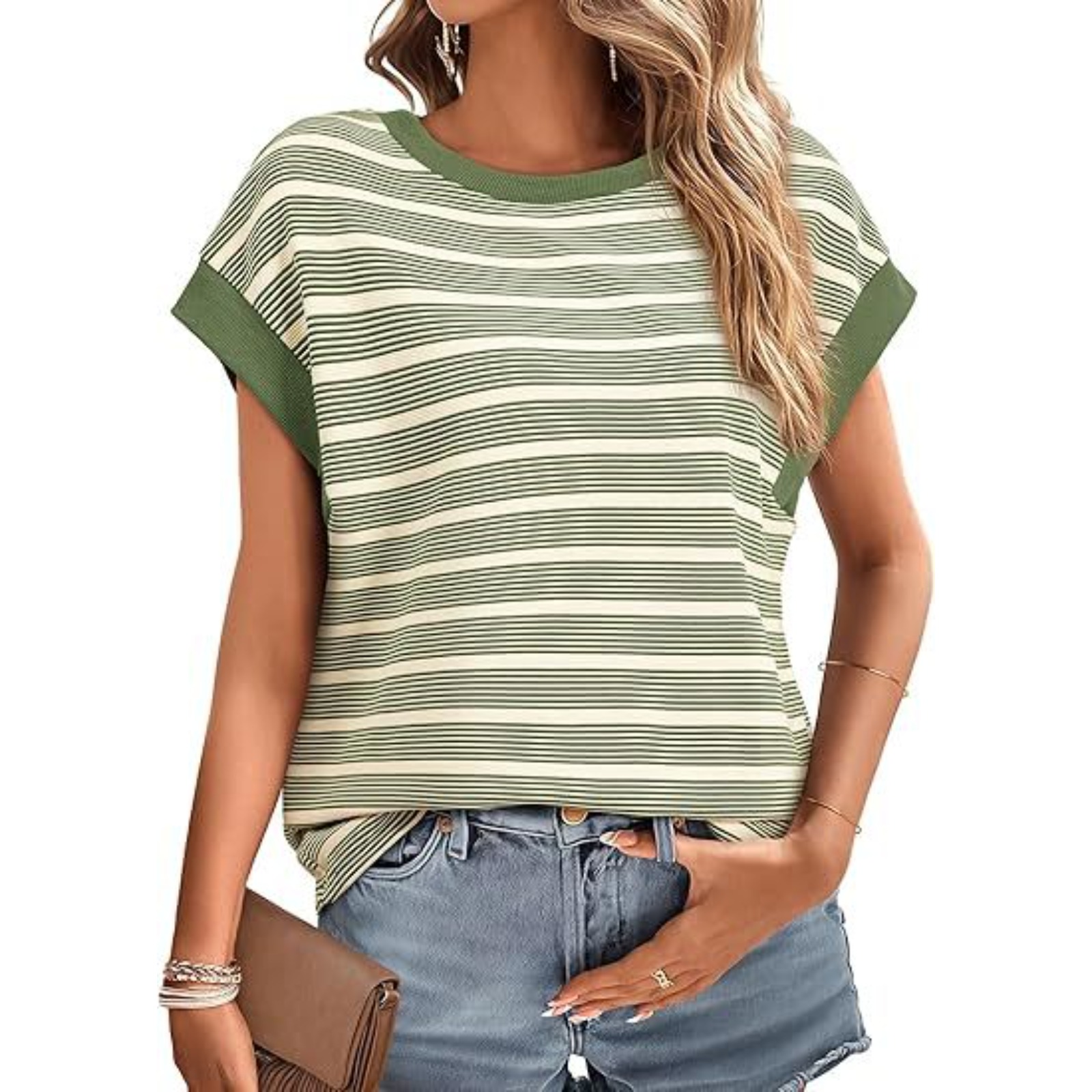 Women's summer round neck striped knitted T-shirt fashion spring loose t-shirt shirt