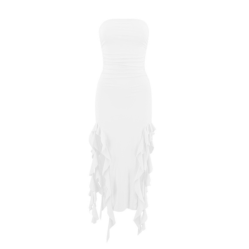Women Summer Elegant Strapless Tube Dress Sexy Off-Shoulder Bodycon Irregular Ruffle Tassel Midi Dress Y2K Coquette Slit Thigh Dress for Beach Party & Night Out