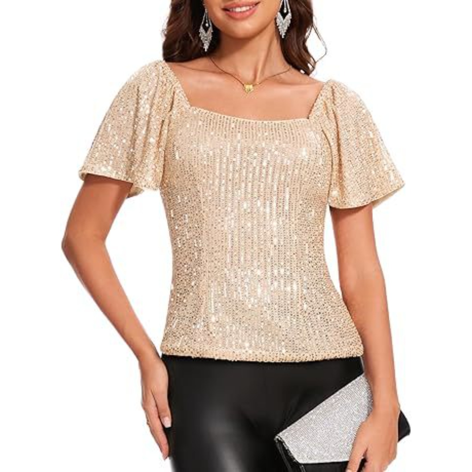 Women's square collar fashion short-sleeved sequins bubble sleeves fashion all-match shirt