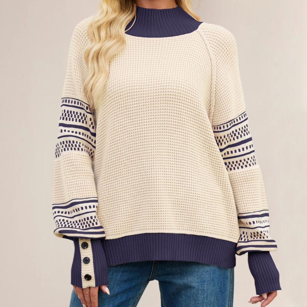 New Autumn Winter Women's Knitted Color Block Half High Neck Fashion Pullover Sweater