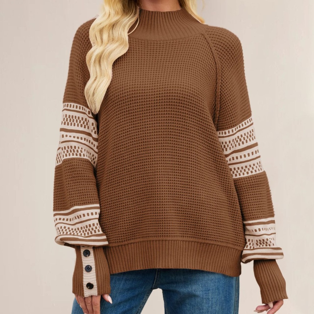 New Autumn Winter Women's Knitted Color Block Half High Neck Fashion Pullover Sweater