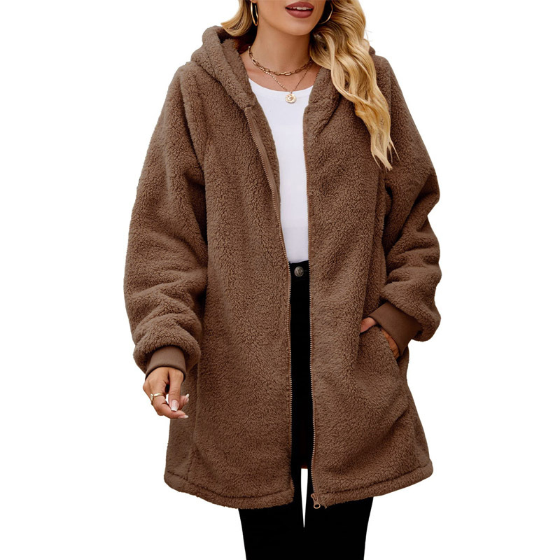 New Winter Loose Plush Women's Long Sleeve Hooded Zip Cardigan Coat