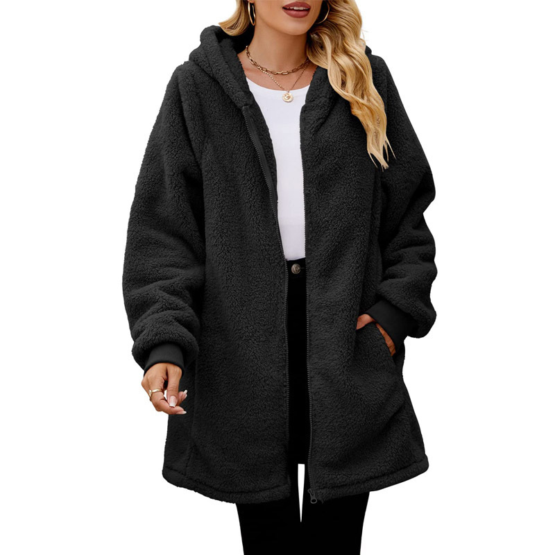New Winter Loose Plush Women's Long Sleeve Hooded Zip Cardigan Coat