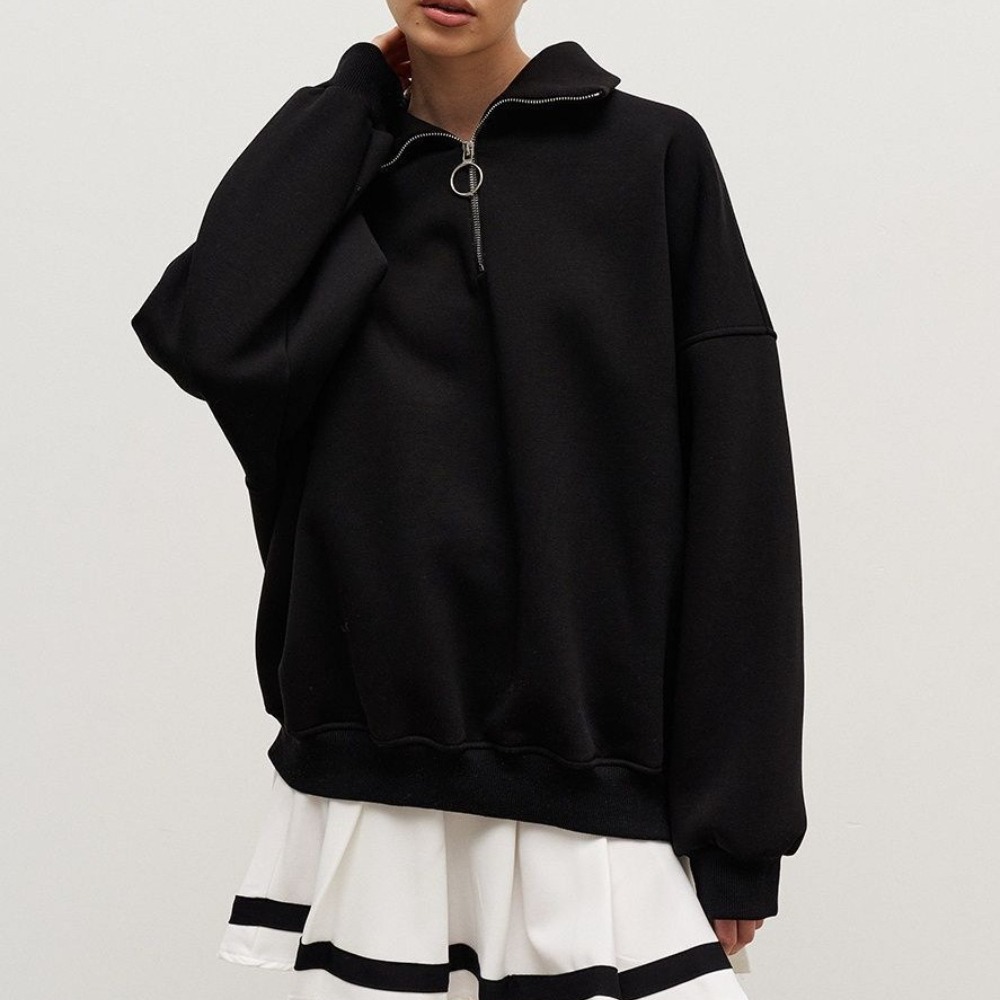 Lapel Zip Hoodie Autumn Winter Loose Casual Style Zip Long Sleeve Hoodie