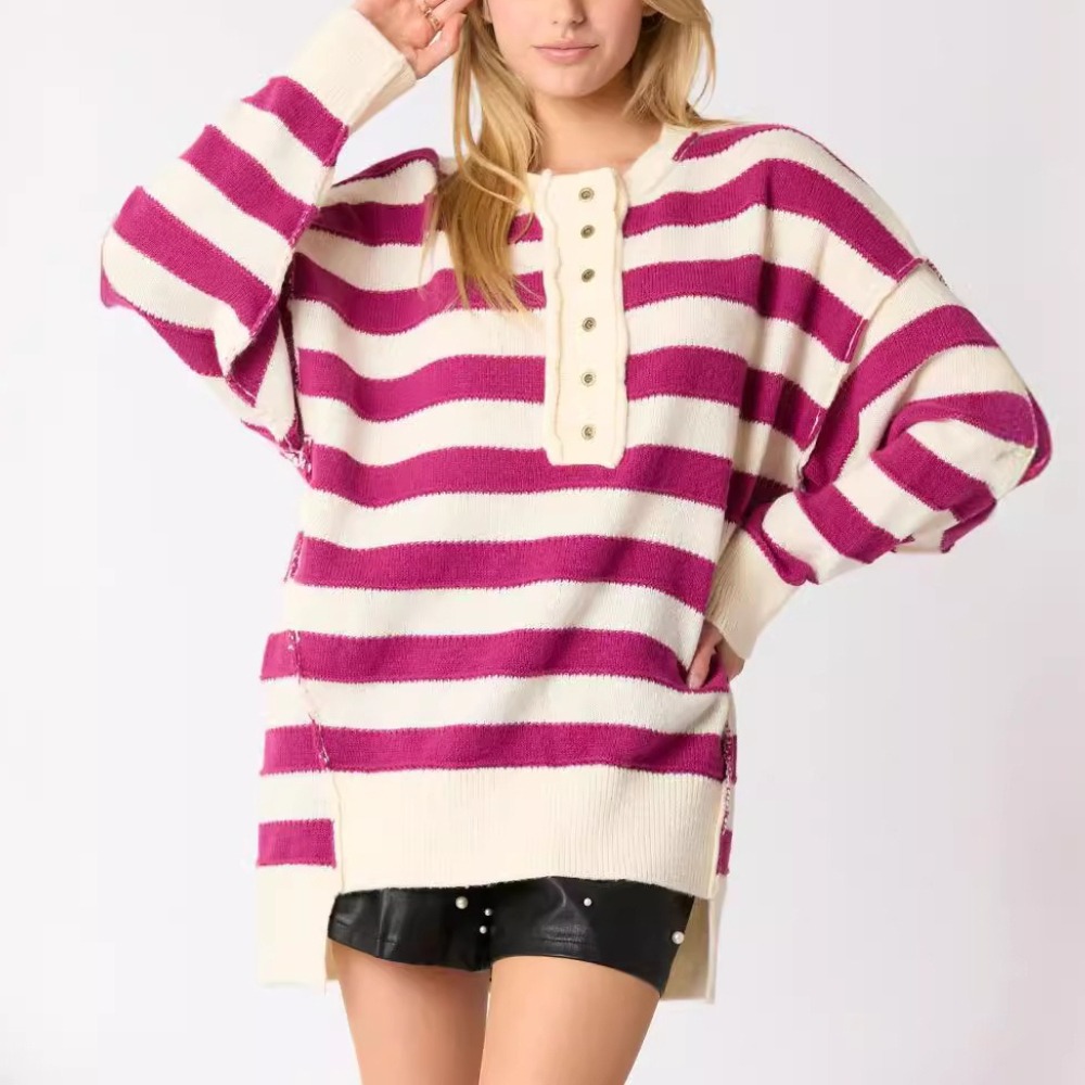 秋冬季新款拼色宽松休闲针织毛衣长袖条纹上衣女