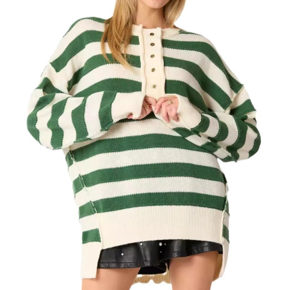 秋冬季新款拼色宽松休闲针织毛衣长袖条纹上衣女