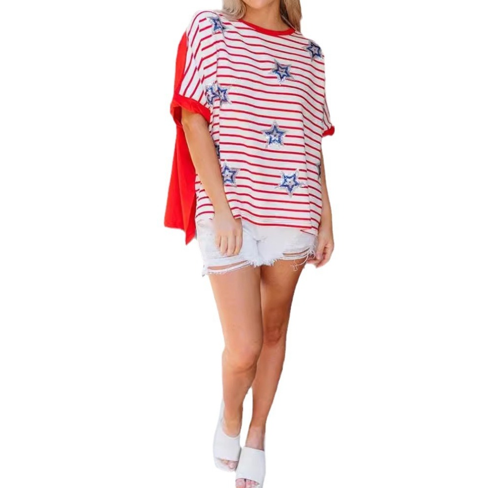Summer New Sequin Star Stripe Short Sleeve Loose T Shirt for Women
