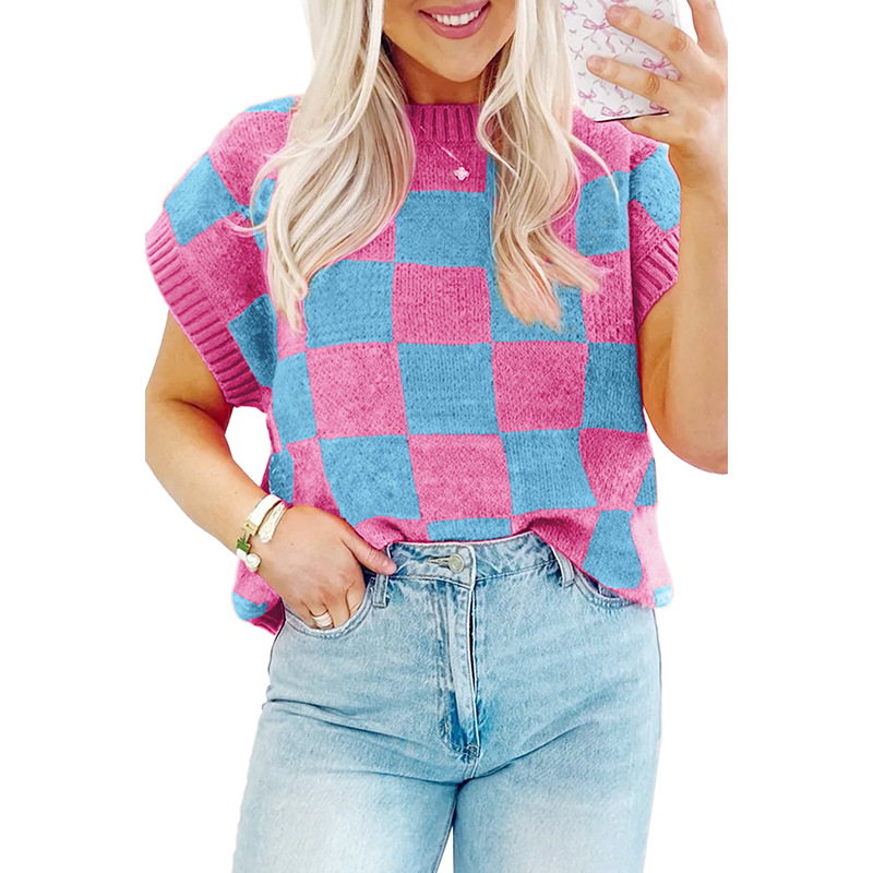 夏季新款格子拼色短袖上衣女时尚百搭圆领套头针织衫女