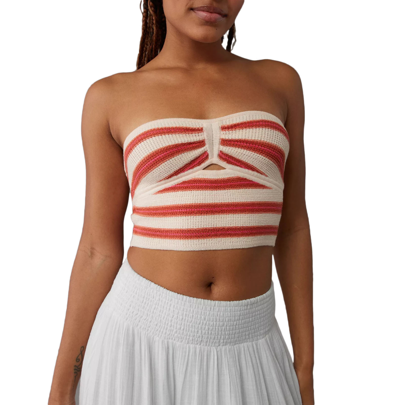  Women Summer Y2K Knitted Tube Top Hollow Out Striped Crochet Bandeau Crop Tops Sexy Sleeveless Backless Stretchy Beach Slim Fit Tops Strapless Vest for Music Festival